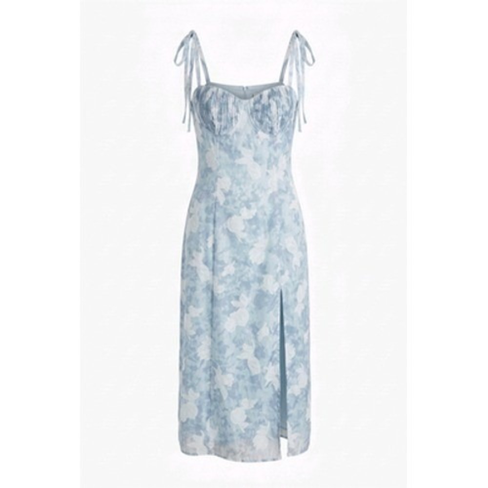 Lulus Romantic Whimsical Dress Women XL Blue Floral Chiffon Sweetheart Tie Strap